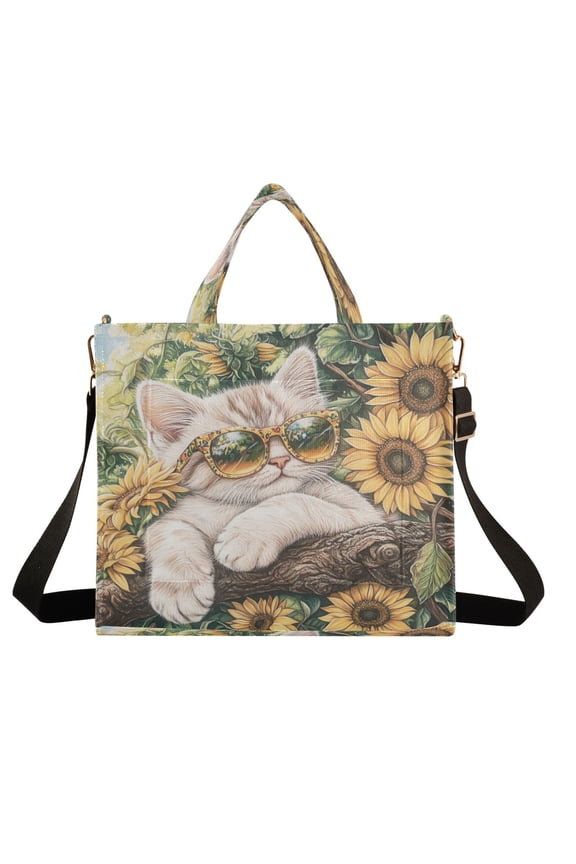 Wobogo Sunflower Cute Kitten Corduroy Tote Bag for Women Travel Crossbody Bag Purse Women Shoulder Bags Work Handbags Daily Commuter Bag 10.2×9inch