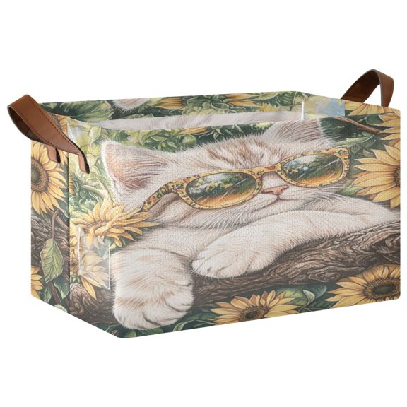 Wobogo Sunflower Cute Kitten Storage Basket 16.9×11.4×10in Collapsible Oversized with Metal Iron Frame