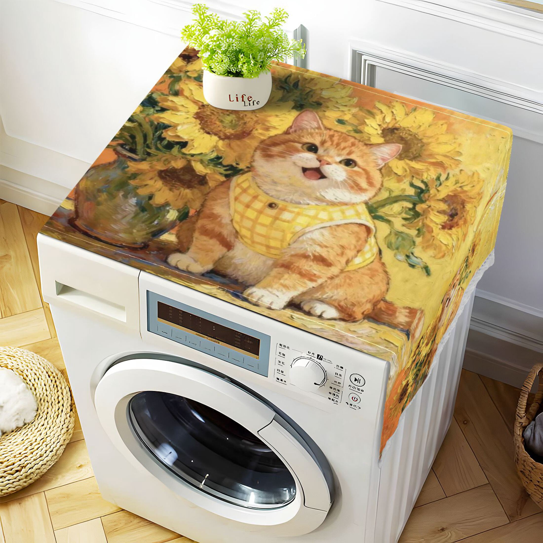 Wobogo Sunflower Fluffy Cat Washing Machine Cover Dustproof Washer Dryer Cover Waterproof Laundry Room Decorative Protector