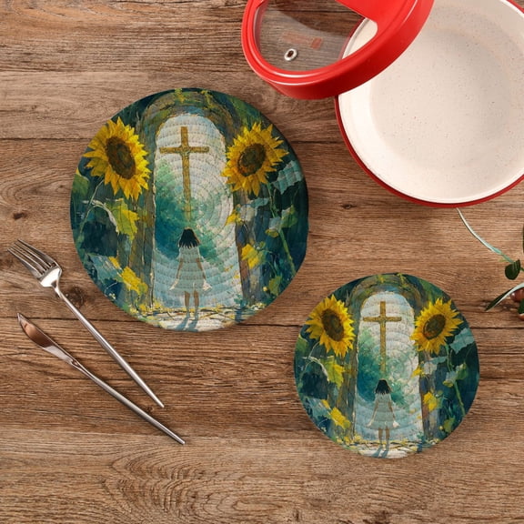 Wobogo Sunflower Gate Trivets Potholders Set of 2 Cotton Woven Round Hot Plate Mats for Hot Dishes Bowls Teapots