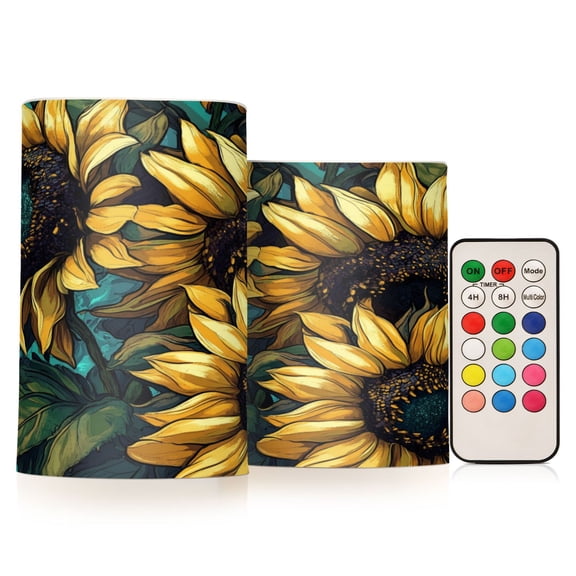 Wobogo Sunflower Graffiti Art Combo Flameless Flickering Candle Light with Remote Control and Timer for Romantic Atmosphere