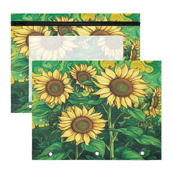 Wobogo Sunflower Green Background A4 Size Clear Polyester File Pocket Set of 2 Zipper Home Work Office Organizer