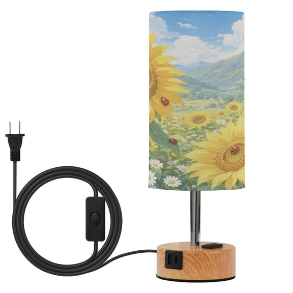 Wobogo Sunflower Ladybug Bedside Lamp Touch Control Table Lamp with USB A+C Charging Ports & AC Outlet 3-Way Dimmable Nightstand Lamp with Linen Fabric Shade for Bedroom Living Room