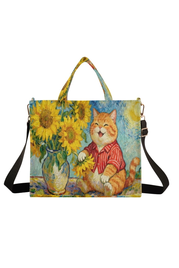 Wobogo Sunflower Orange Cat Corduroy Tote Bag for Women Travel Crossbody Bag Purse Women Shoulder Bags Work Handbags Daily Commuter Bag 10.2×9inch