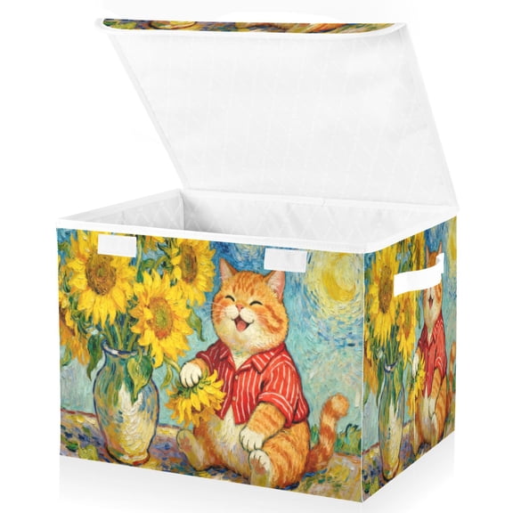 Wobogo Sunflower Orange Cat Large Collapsible Storage Box Flip Lid Fabric Decorative Organizer Container Basket with Handles 16.512.611.8in