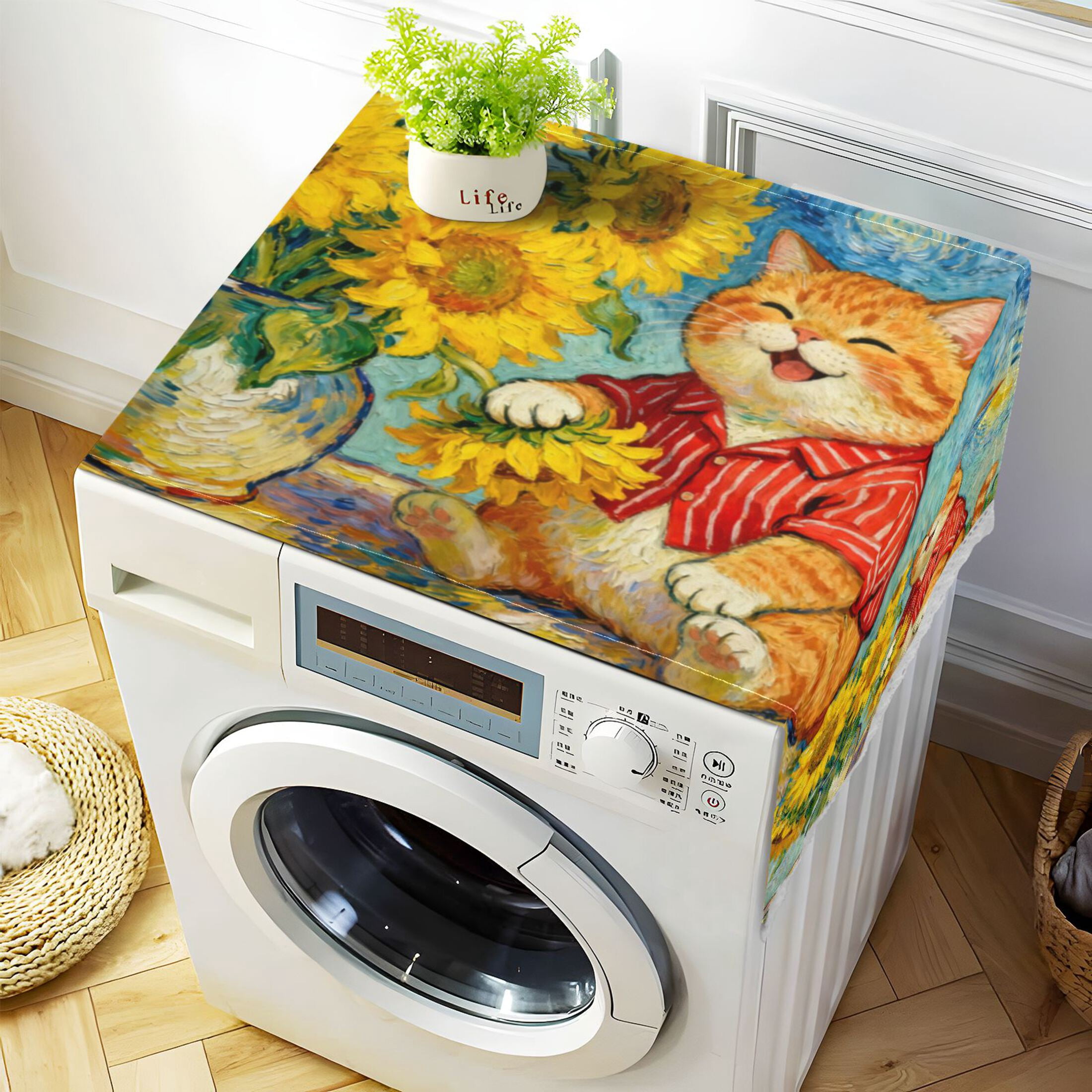 Wobogo Sunflower Orange Cat Washing Machine Cover Dustproof Washer Dryer Cover Waterproof Laundry Room Decorative Protector