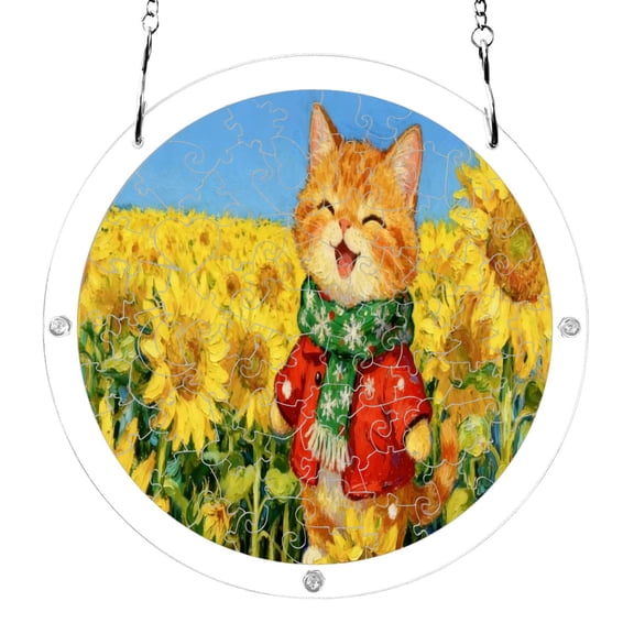 Wobogo Sunflower Plump Cat Acrylic Puzzle Suncatcher, 83 Piece DIY Hanging Window Sun Catcher with Chain & Hook, Double-Sided Light Catching Decor Gift