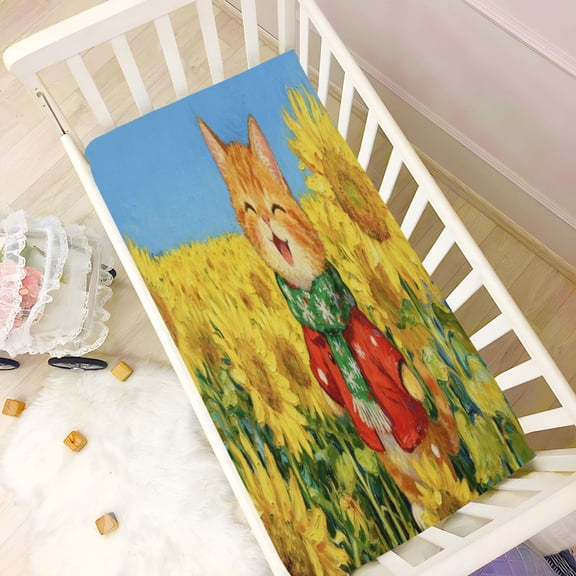 Wobogo Sunflower Plump Cat Baby Crib Sheets Super Soft Microfiber Playard Sheet Fitted Design for Maximum Comfort and Safety 39×27×5in