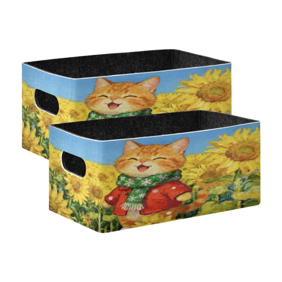 Wobogo Sunflower Plump Cat Decorative Folding Storage Basket Felt Organizer Bin for Toys, Clothes, Desk
