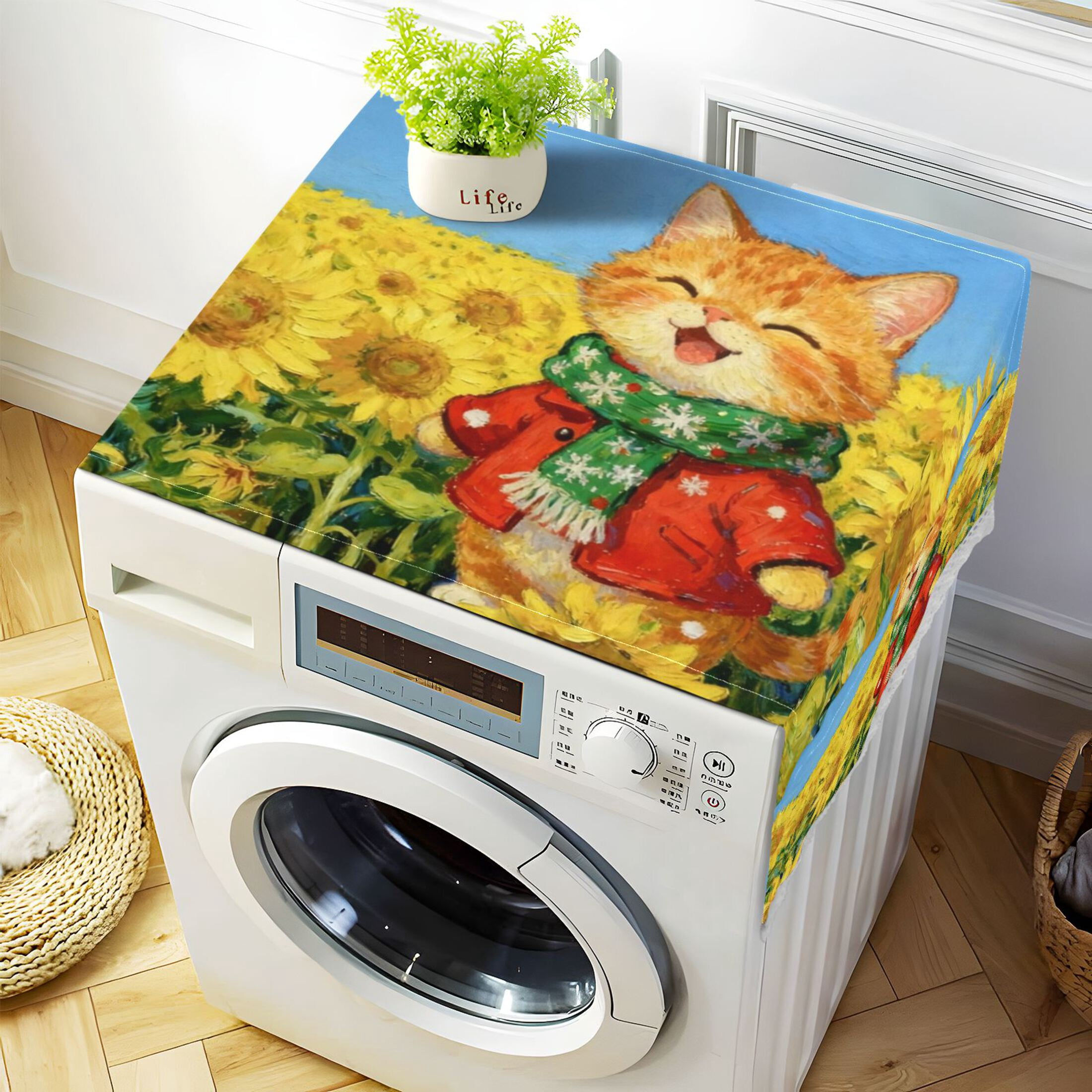 Wobogo Sunflower Plump Cat Washing Machine Cover Dustproof Washer Dryer Cover Waterproof Laundry Room Decorative Protector