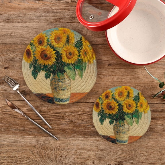 Wobogo Sunflower Potted Plant Trivets Potholders Set of 2 Cotton Woven Round Hot Plate Mats for Hot Dishes Bowls Teapots