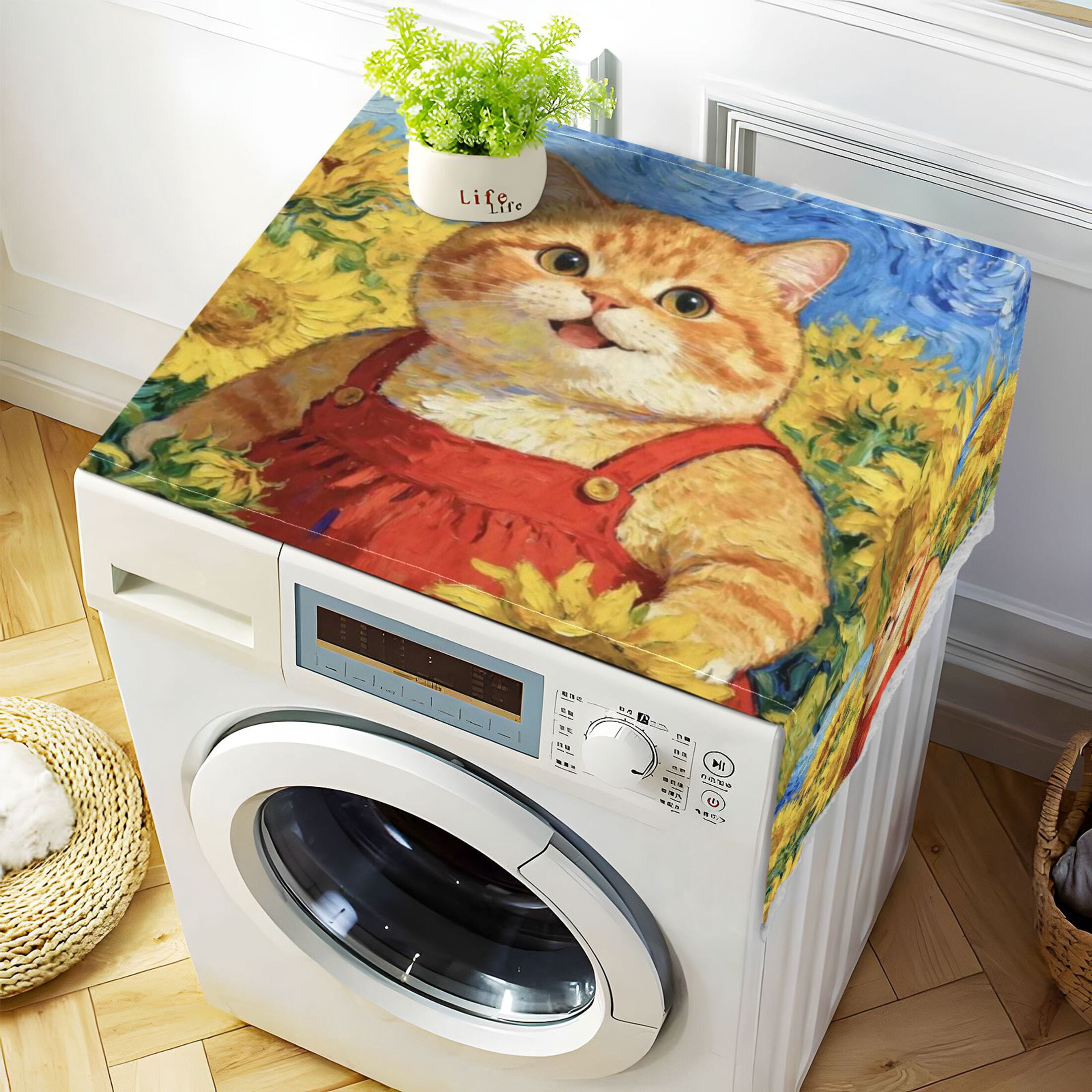 Wobogo Sunflower Smiling Cat Washing Machine Cover Dustproof Washer Dryer Cover Waterproof Laundry Room Decorative Protector