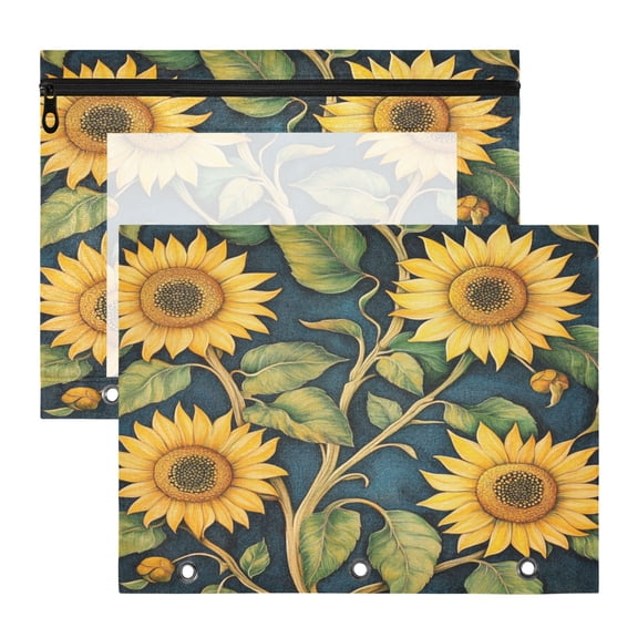 Wobogo Sunflowers A4 Size Clear Polyester File Pocket Set of 2 Zipper Home Work Office Organizer