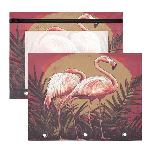 Wobogo Sunset Flamingo Pattern A4 Size Clear Polyester File Pocket Set of 2 Zipper Home Work Office Organizer