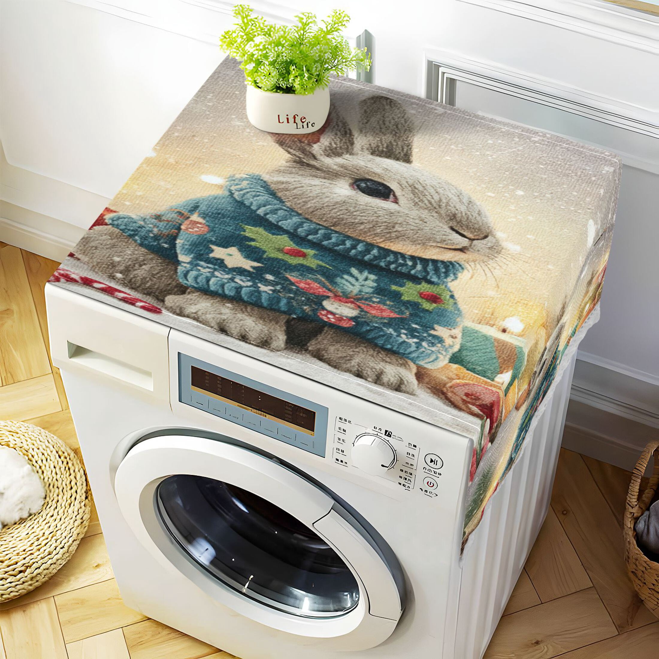 Wobogo Sweater Rabbit Washing Machine Cover Dustproof Washer Dryer Cover Waterproof Laundry Room Decorative Protector
