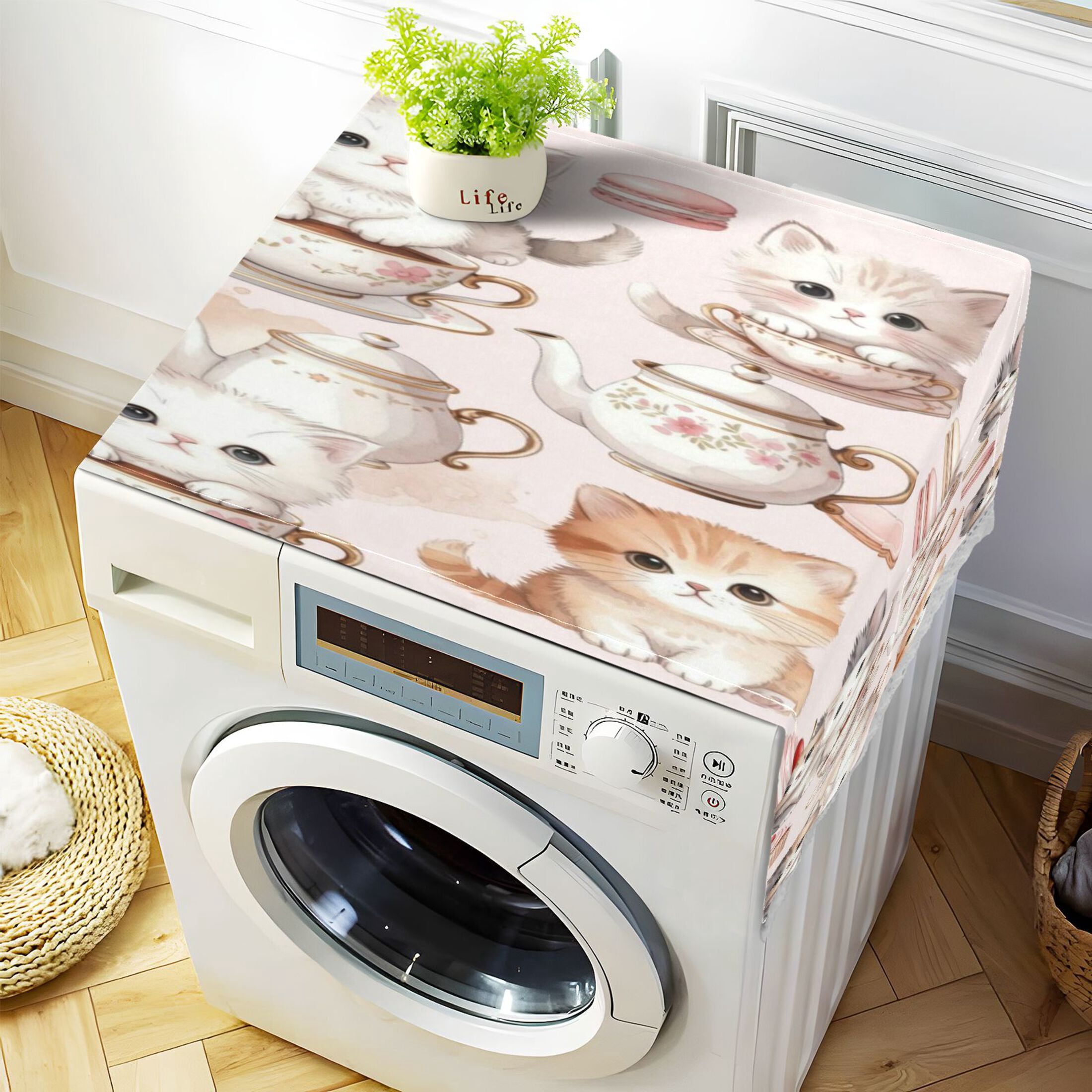 Wobogo Sweet Kitten Treats Washing Machine Cover Dustproof Washer Dryer Cover Waterproof Laundry Room Decorative Protector