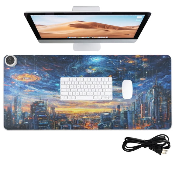 Wobogo Techno City Heated Mouse Pad Extra-Large Desk Mat With 3 Heating Levels and 3-hour Auto Shut-Off Protection Ideal for Computer Keyboards Home Office Hand-warming Essential 31.5in  13in
