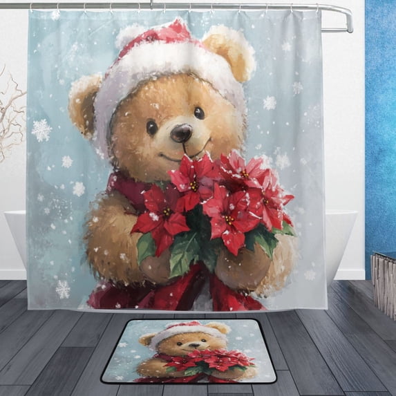Wobogo Teddy Bear Holding Flowers Bathroom Shower Curtain Set with Floor Mat and Hooks Ultra Waterproof Visible Slider Beads