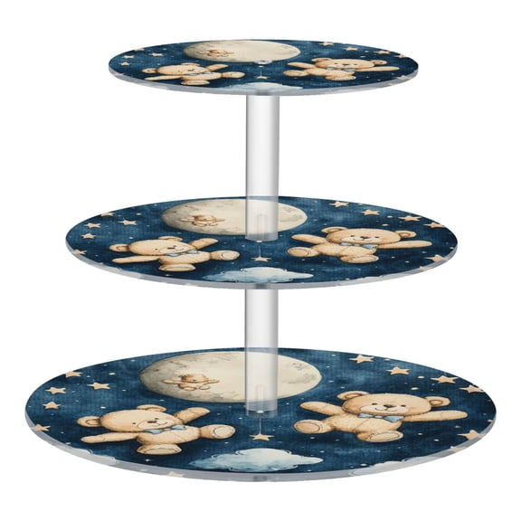 Wobogo Teddy Bear Night Sky Pattern 3 Tier Acrylic Cake Stand with Clear Round Hold for Wedding Holiday Birthday Baby Shower Tea Party