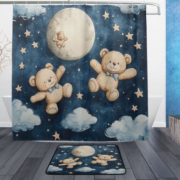 Wobogo Teddy Bear Night Sky Pattern Bathroom Shower Curtain Set with Floor Mat and Hooks Ultra Waterproof Visible Slider Beads