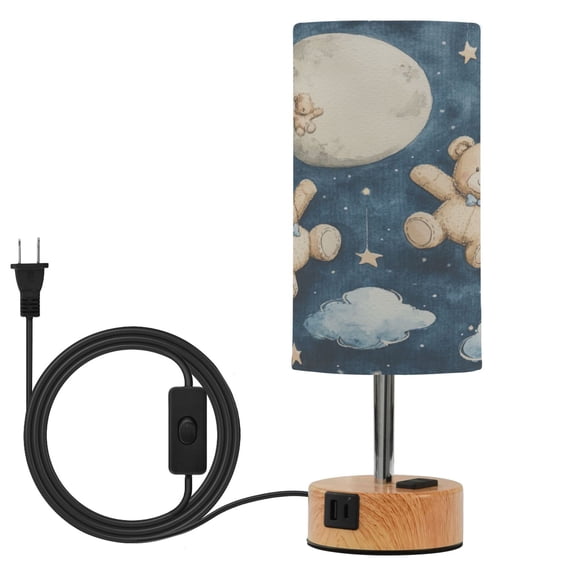 Wobogo Teddy Bear Night Sky Pattern Bedside Lamp Touch Control Table Lamp with USB A+C Charging Ports & AC Outlet 3-Way Dimmable Nightstand Lamp with Linen Fabric Shade for Bedroom Living Room