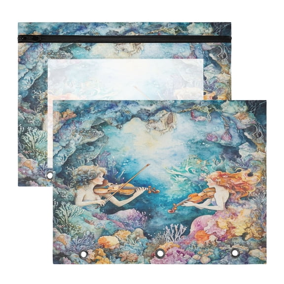 Wobogo The Mermaid Plays Music A4 Size Clear Polyester File Pocket Set of 2 Zipper Home Work Office Organizer