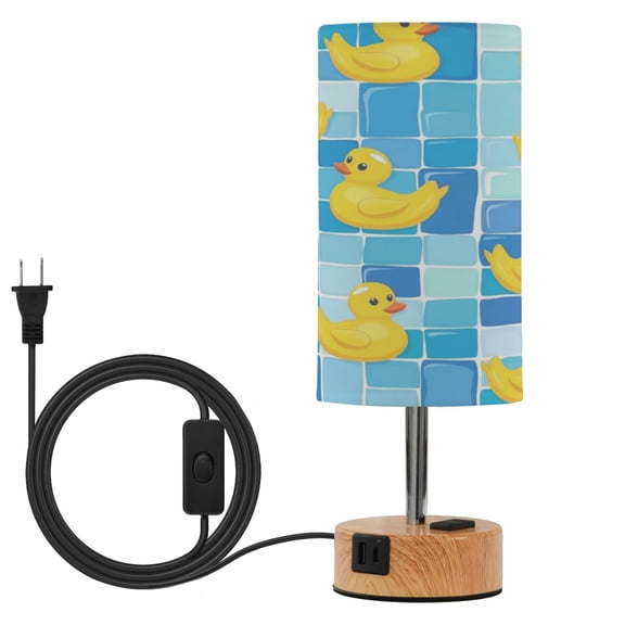 Wobogo Tile Yellow Duck Bedside Lamp Touch Control Table Lamp with USB A+C Charging Ports & AC Outlet 3-Way Dimmable Nightstand Lamp with Linen Fabric Shade for Bedroom Living Room