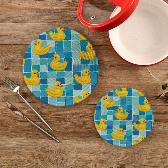 Wobogo Tile Yellow Duck Trivets Potholders Set of 2 Cotton Woven Round Hot Plate Mats for Hot Dishes Bowls Teapots