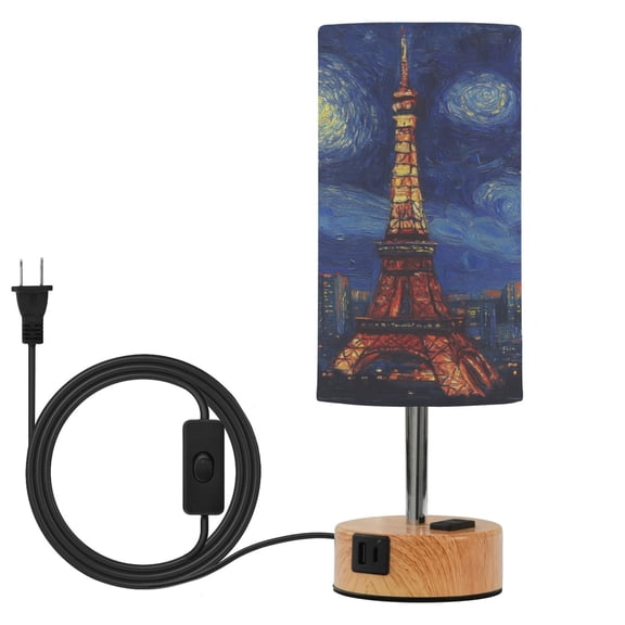 Wobogo Tokyo Tower Night View Bedside Lamp Touch Control Table Lamp with USB A+C Charging Ports & AC Outlet 3-Way Dimmable Nightstand Lamp with Linen Fabric Shade for Bedroom Living Room