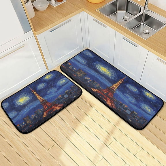 Wobogo Tokyo Tower Night View Kitchen Carpet Set of 2 Absorbent and Stain Resistant Non-slip Star Rubber Backing