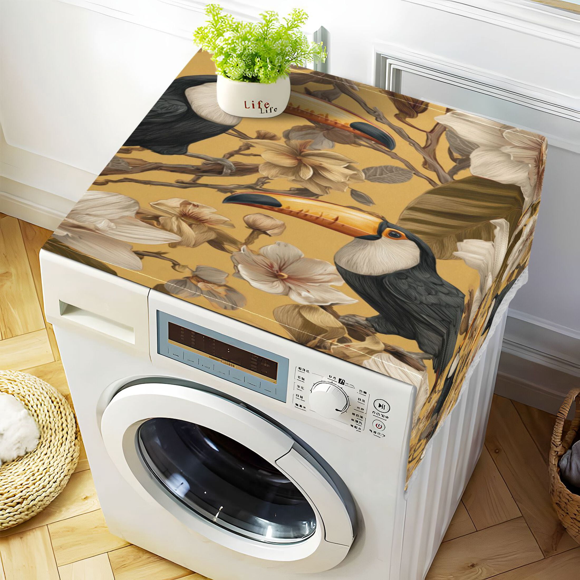 Wobogo Toucan Orchid Washing Machine Cover Dustproof Washer Dryer Cover Waterproof Laundry Room Decorative Protector