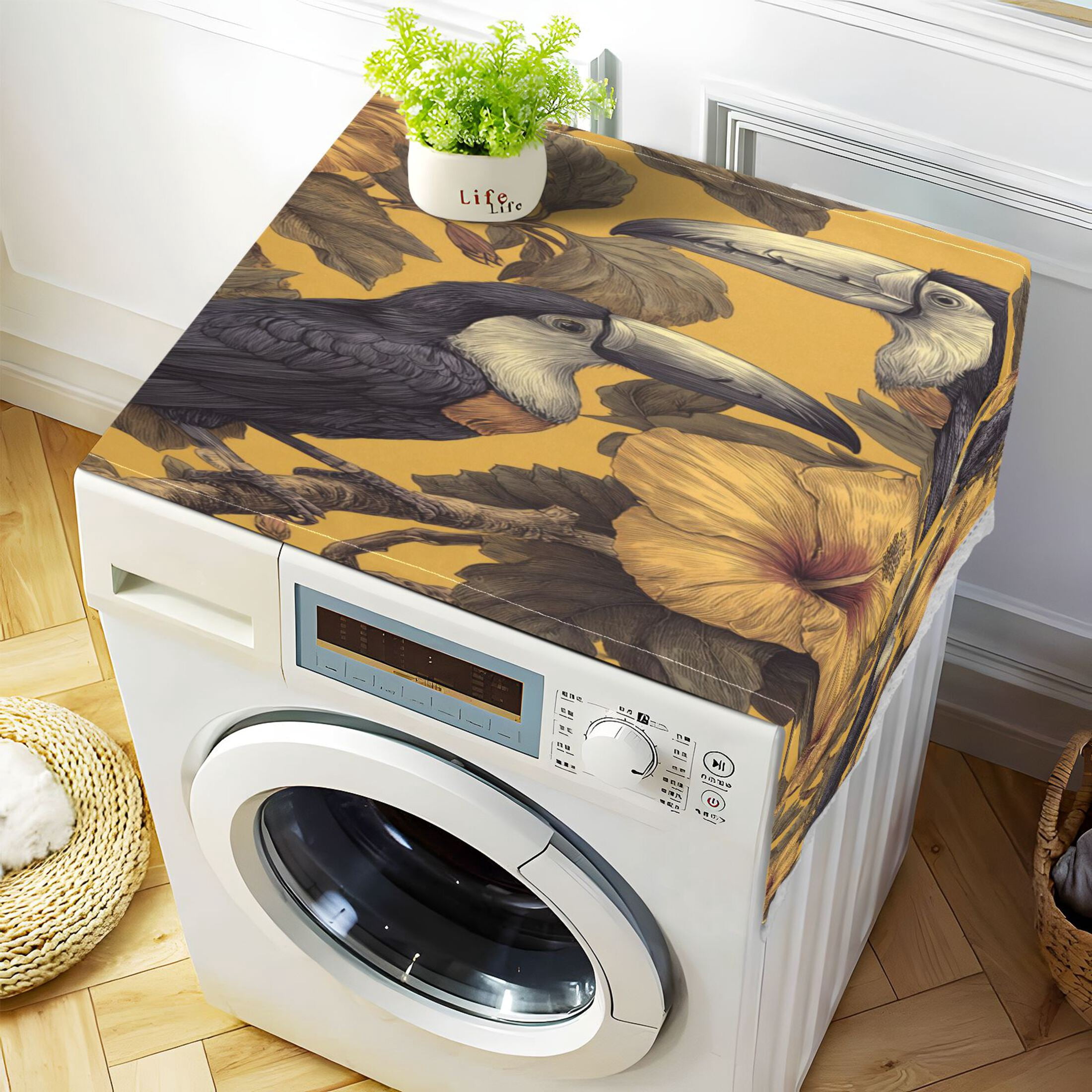 Wobogo Toucan and Hibiscus Washing Machine Cover Dustproof Washer Dryer Cover Waterproof Laundry Room Decorative Protector