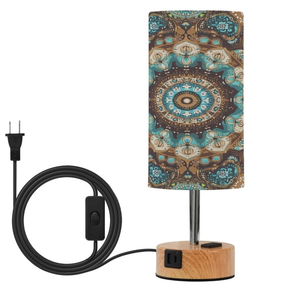 Wobogo Traditional Boho Pattern Bedside Lamp Touch Control Table Lamp with USB A+C Charging Ports & AC Outlet 3-Way Dimmable Nightstand Lamp with Linen Fabric Shade for Bedroom Living Room