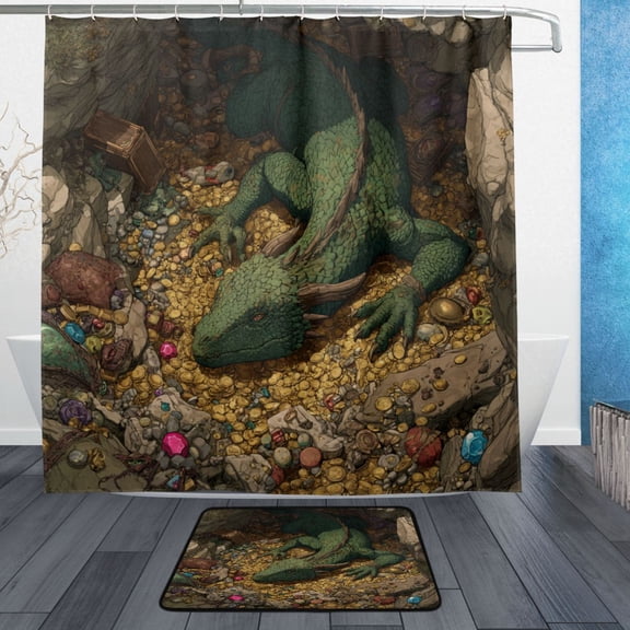 Wobogo Treasure Dragon Bathroom Shower Curtain Set with Floor Mat and Hooks Ultra Waterproof Visible Slider Beads