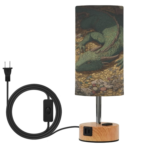 Wobogo Treasure Dragon Bedside Lamp Touch Control Table Lamp with USB A+C Charging Ports & AC Outlet 3-Way Dimmable Nightstand Lamp with Linen Fabric Shade for Bedroom Living Room