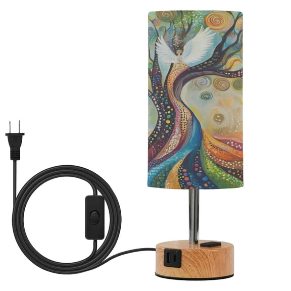 Wobogo Tree Of Angels Bedside Lamp Touch Control Table Lamp with USB A+C Charging Ports & AC Outlet 3-Way Dimmable Nightstand Lamp with Linen Fabric Shade for Bedroom Living Room