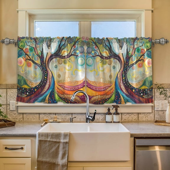 Wobogo Tree Of Angels Kitchen Curtains 2 Piece Set Symmetrical Design Light Filtering Small Window Drapes Suitable for Bathroom Laundry Room and RV 57x24in