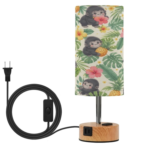 Wobogo Tropical Gorillas Bedside Lamp Touch Control Table Lamp with USB A+C Charging Ports & AC Outlet 3-Way Dimmable Nightstand Lamp with Linen Fabric Shade for Bedroom Living Room