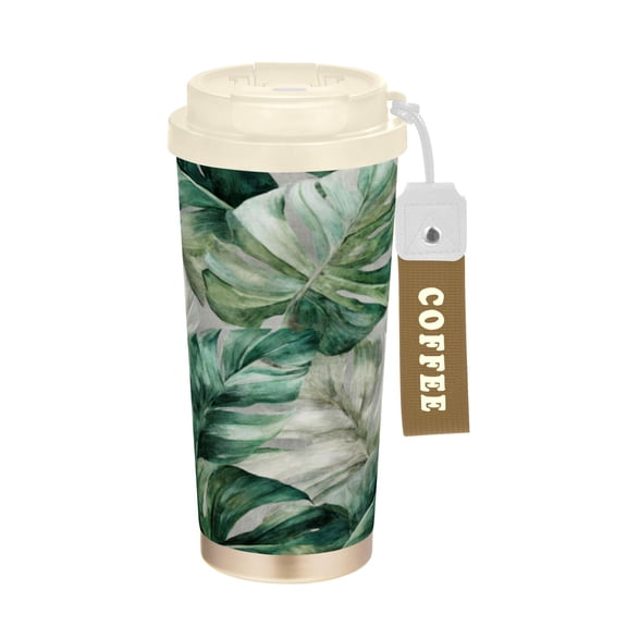 Wobogo Tropical Leaves Double Drinking Coffee Cup Insulated Mug with Food-grade 316 Stainless Steel Beige Lid