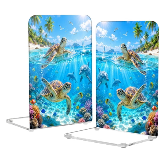 Wobogo Tropical Sea Turtle Acrylic Bookends Clear L-Shaped Book Holder with Non-Slip Pads for Books Files Magazines CD DVD 5.44.18.1in