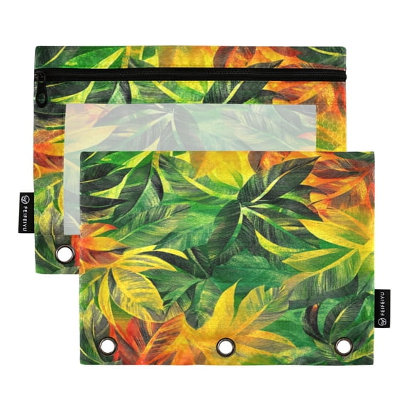 Wobogo Tropical Summer Leaf Pattern Pencil Pouch with 3 Ring Binder Holes Set of 2 for Learning Tools