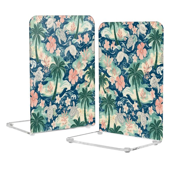 Wobogo Tropical Turtles Acrylic Bookends Clear L-Shaped Book Holder with Non-Slip Pads for Books Files Magazines CD DVD 5.44.18.1in