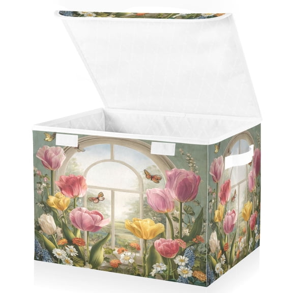 Wobogo Tulip Flower Window Large Collapsible Storage Box Flip Lid Fabric Decorative Organizer Container Basket with Handles 16.512.611.8in