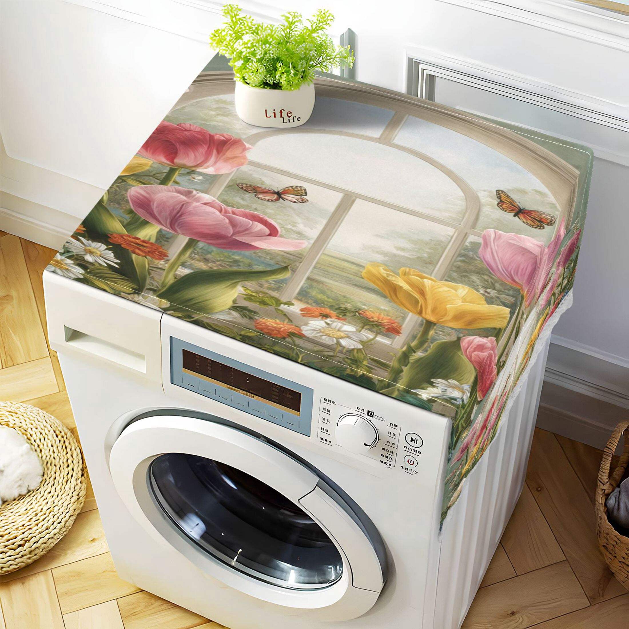 Wobogo Tulip Flower Window Washing Machine Cover Dustproof Washer Dryer Cover Waterproof Laundry Room Decorative Protector