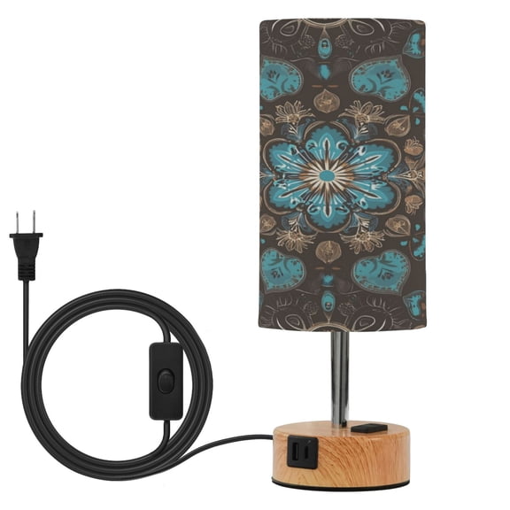 Wobogo Turquoise Mandalas Bedside Lamp Touch Control Table Lamp with USB A+C Charging Ports & AC Outlet 3-Way Dimmable Nightstand Lamp with Linen Fabric Shade for Bedroom Living Room