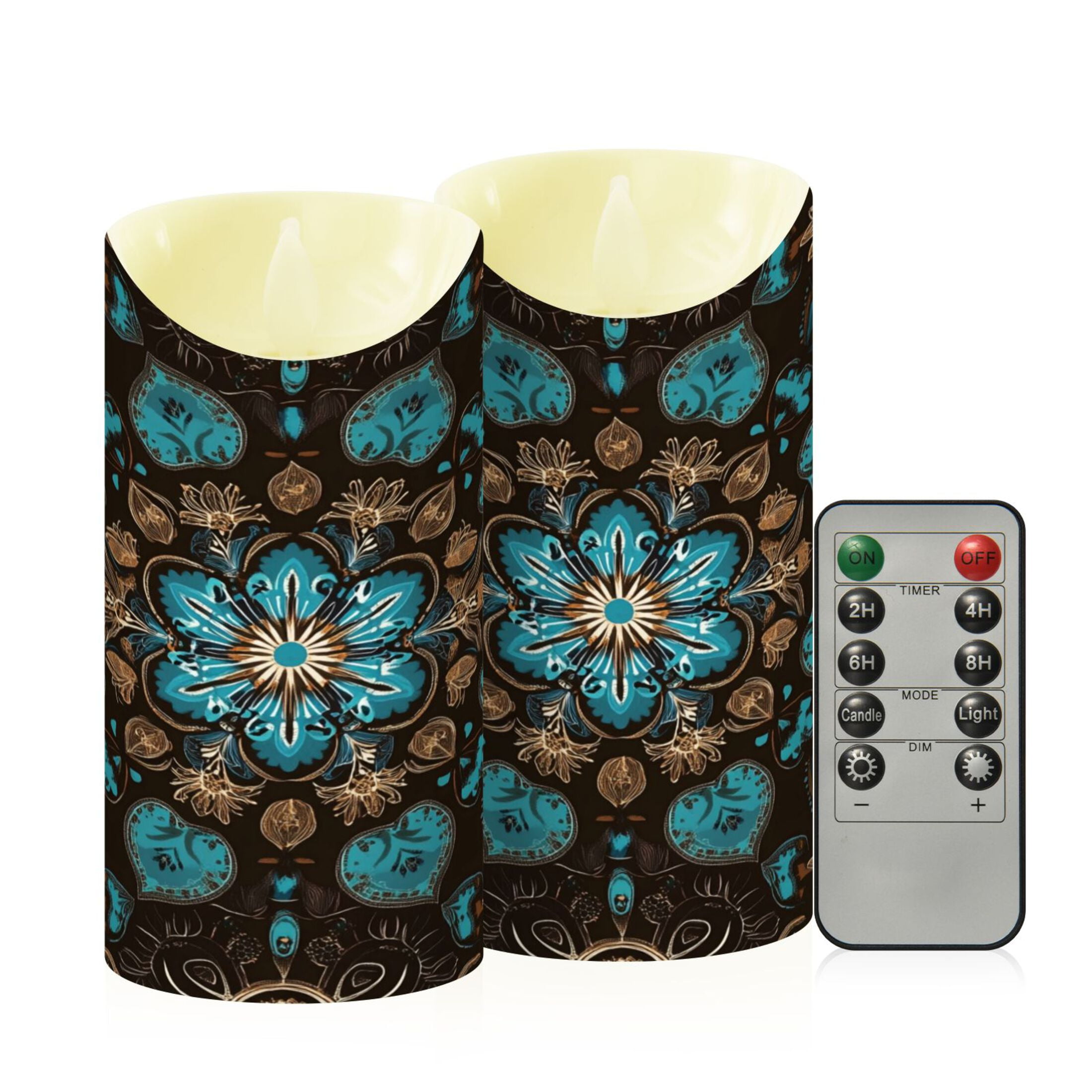 Wobogo Turquoise Mandalas Flameless Candles with Remote Battery Operated Flickering LED Candles with Timer 2/4/6/8H Medium Size