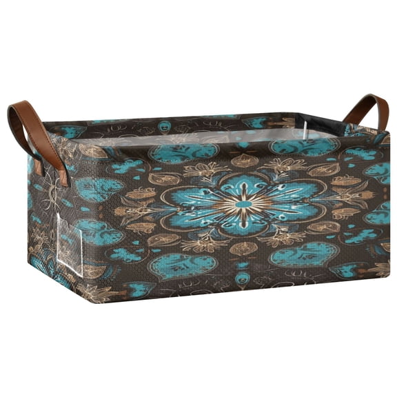 Wobogo Turquoise Mandalas Storage Basket Soccer Plaid Fabric Oversized Collapsible Hoard Box with Metal Iron Frame 16.9×11.4×7.7in