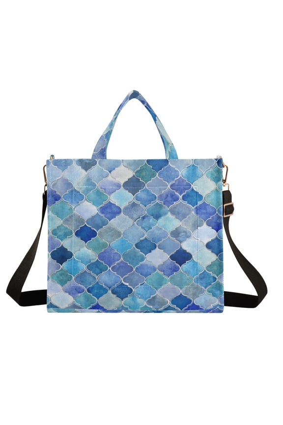 Wobogo Turquoise Pattern Corduroy Tote Bag for Women Travel Crossbody Bag Purse Women Shoulder Bags Work Handbags Daily Commuter Bag 10.2×9inch