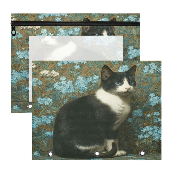 Wobogo Tuxedo Cat A4 Size Clear Polyester File Pocket Set of 2 Zipper Home Work Office Organizer