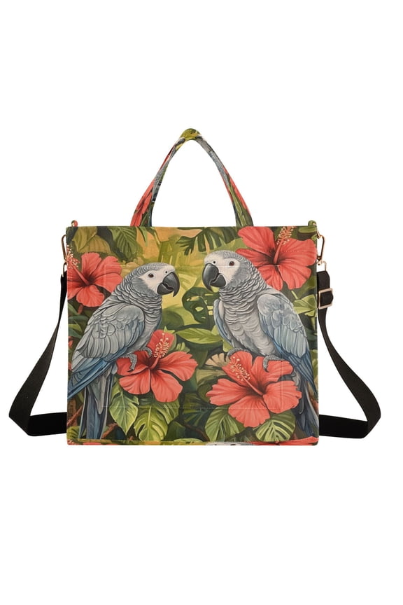 Wobogo Two Playful Gray Parrots Corduroy Tote Bag for Women Travel Crossbody Bag Purse Women Shoulder Bags Work Handbags Daily Commuter Bag 10.2×9inch